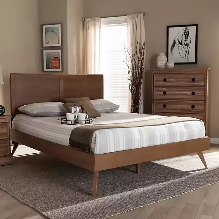 Beds & Headboards-Kirklands Home Walnut Inset Paneling Platform Queen Bed Brown
