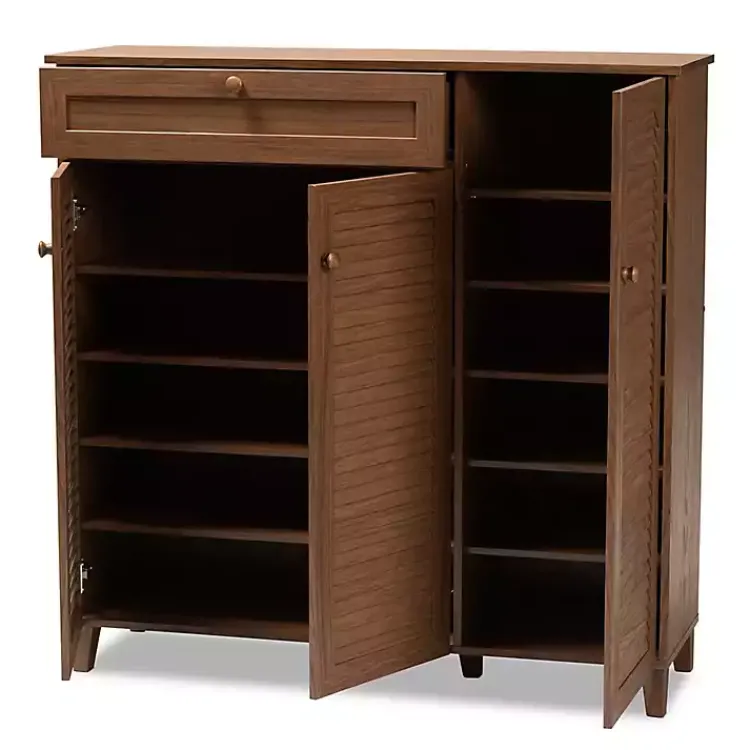 Entryway Furniture-Kirklands Home Walnut Wood 11-Shelf Paneled Shoe Cabinet Brown