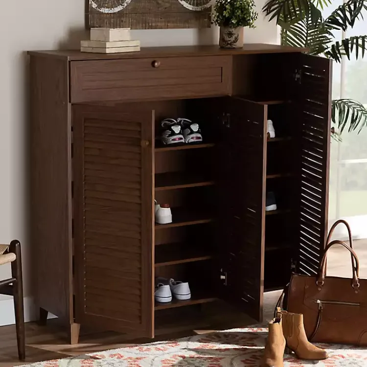 Entryway Furniture-Kirklands Home Walnut Wood 11-Shelf Paneled Shoe Cabinet Brown