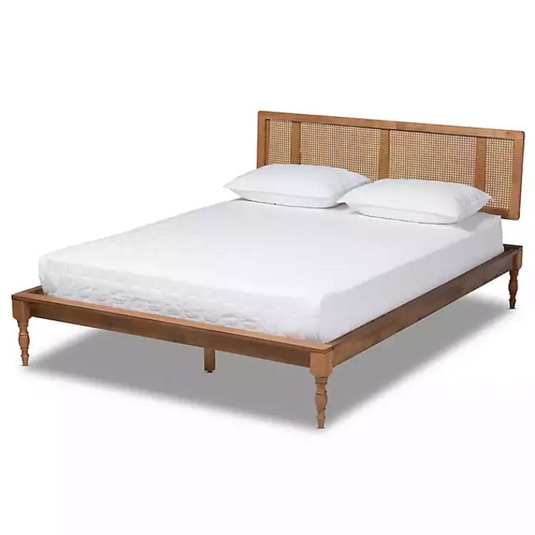 Beds & Headboards-Kirklands Home Ash Walnut Wrap-Around Rattan Platform Queen Bed Brown