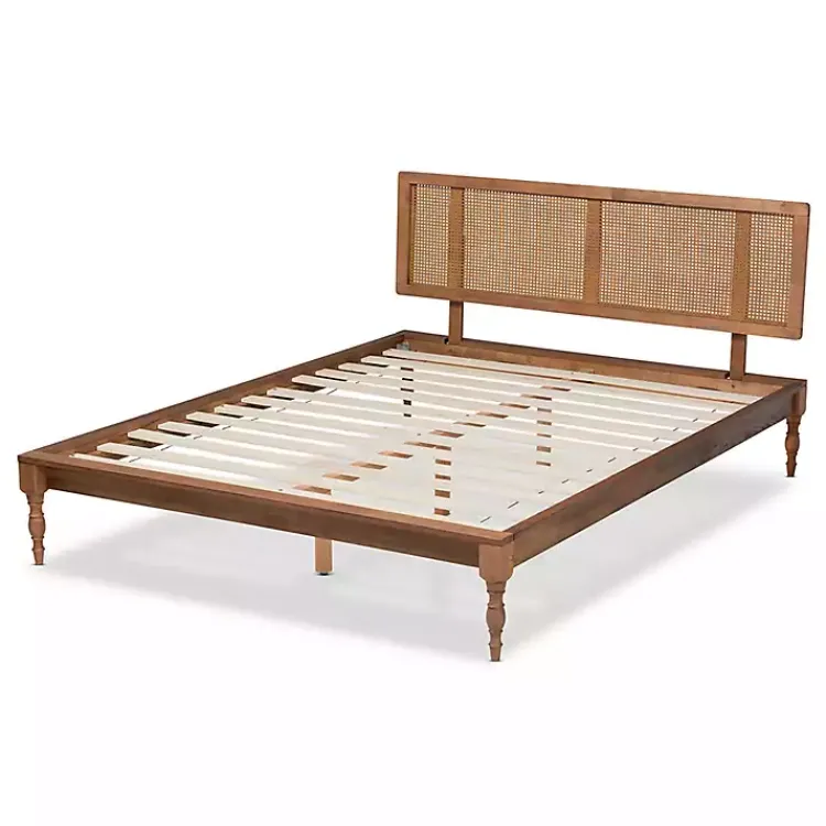 Beds & Headboards-Kirklands Home Ash Walnut Wrap-Around Rattan Platform Queen Bed Brown