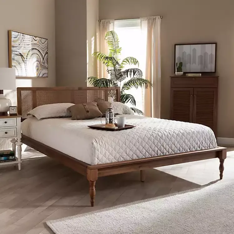Beds & Headboards-Kirklands Home Ash Walnut Wrap-Around Rattan Platform Queen Bed Brown