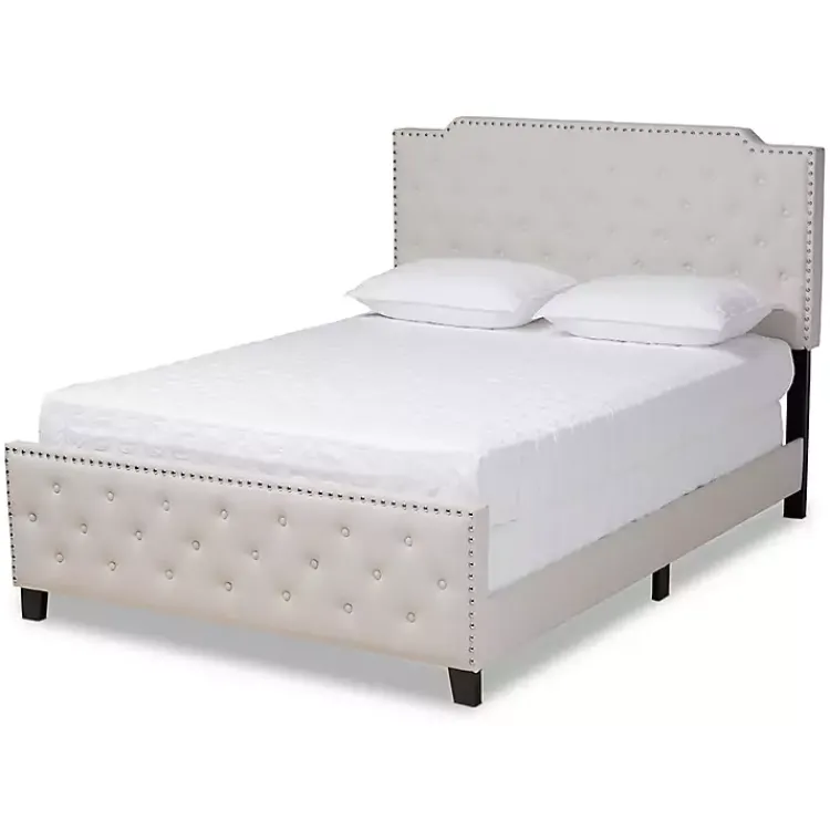 Beds & Headboards-Kirklands Home Beige Upholstered Button Tufted King Panel Bed Ivory