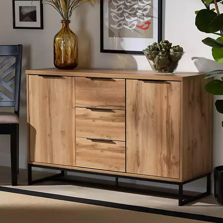Cabinets & Sideboards-Kirklands Home Oak Wood and Metal Sideboard Buffet