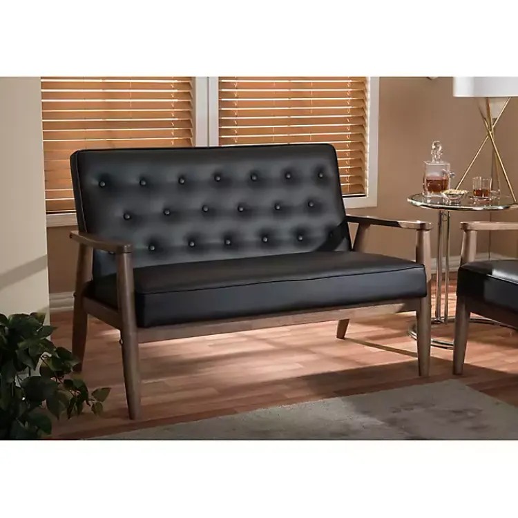 Sofas & Loveseats-Kirklands Home Faux Leather and Rubberwood Loveseat, 49 in. Brown