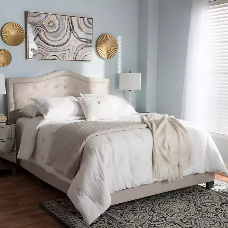 Beds & Headboards-Kirklands Home Mary Beige Button Tufted King Bed Frame Ivory