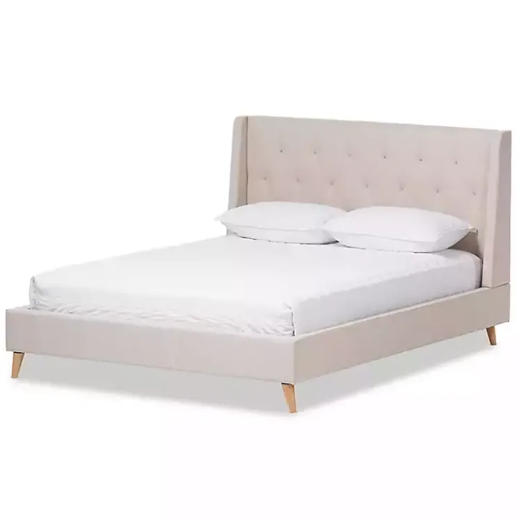 Beds & Headboards-Kirklands Home Beige Upholstered Wingback Queen Platform Bed Ivory