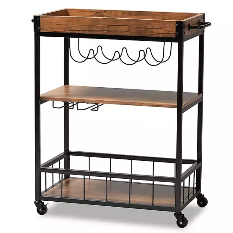 Kitchen Islands & Bar Carts-Kirklands Home Oak and Black Metal Bar Cart with Bottle Rack