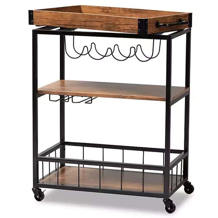 Kitchen Islands & Bar Carts-Kirklands Home Oak and Black Metal Bar Cart with Bottle Rack