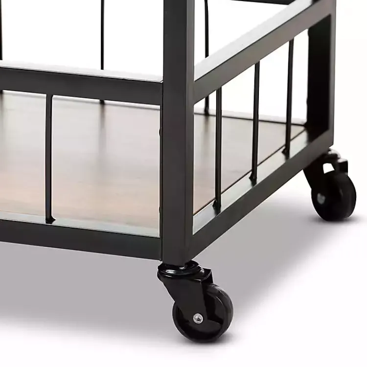 Kitchen Islands & Bar Carts-Kirklands Home Oak and Black Metal Bar Cart with Bottle Rack