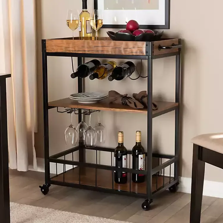 Kitchen Islands & Bar Carts-Kirklands Home Oak and Black Metal Bar Cart with Bottle Rack