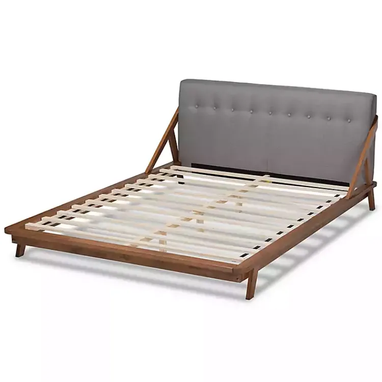 Beds & Headboards-Kirklands Home Tufted and Natural Walnut King Platform Bed Gray