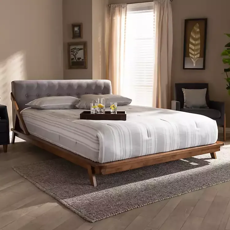 Beds & Headboards-Kirklands Home Tufted and Natural Walnut King Platform Bed Gray