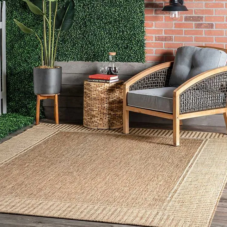 Outdoor Rugs-Kirklands Home Asia Stripe Border Outdoor Rug, 8x10 Brown