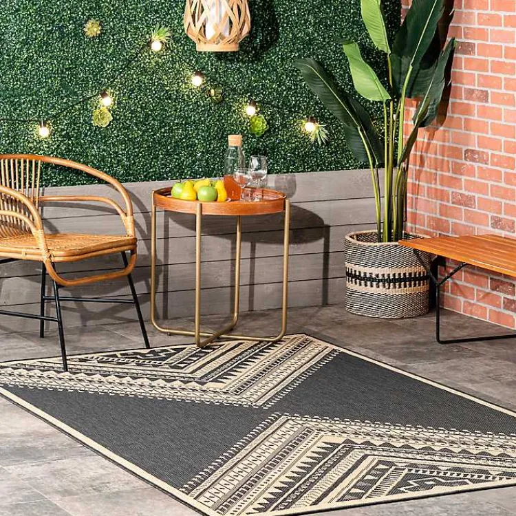 Outdoor Rugs-Kirklands Home Landy Dark Gray Aztec Outdoor Rug, 8x10