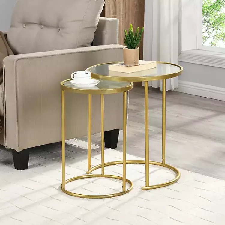 Accent & End Tables-Kirklands Home Gold Metal and Glass Nesting 2-pc Accent Table Set