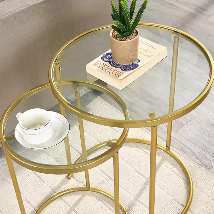 Accent & End Tables-Kirklands Home Gold Metal and Glass Nesting 2-pc Accent Table Set