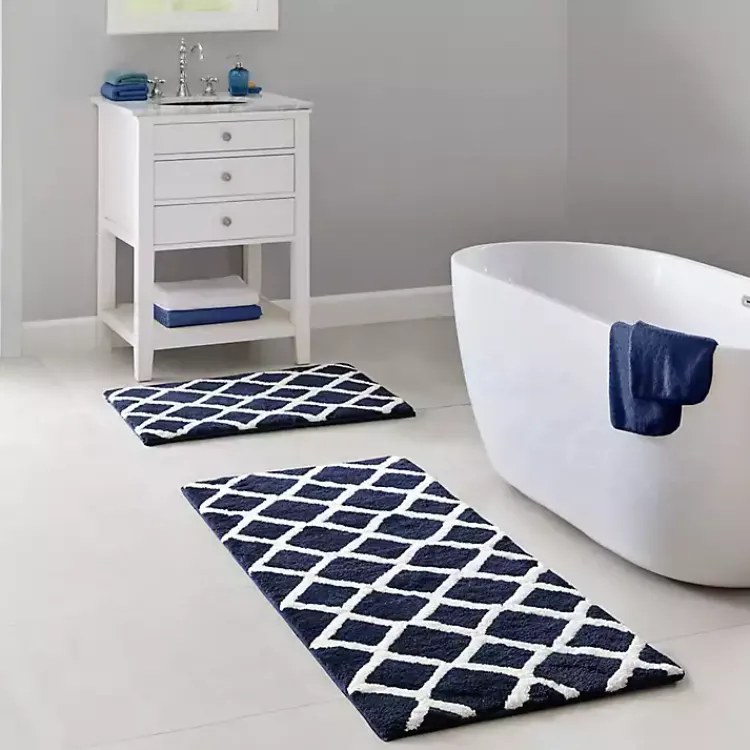 Bathroom Rugs-Kirklands Home Blue Geometric Pattern Reversible Bath Mat, 34 in.
