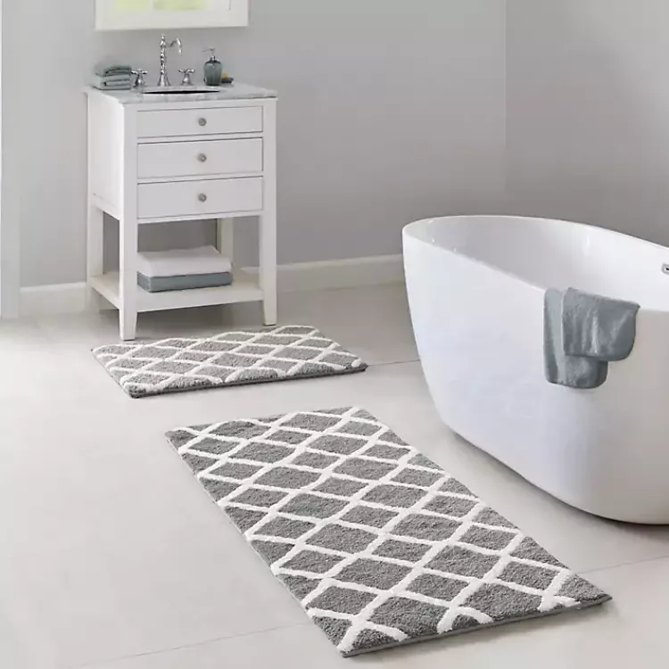 Bathroom Rugs-Kirklands Home Gray Geometric Pattern Reversible Bath Mat, 34 in.