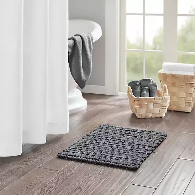 Bathroom Rugs-Kirklands Home Chenille Chain Stitched Bath Mat, 30 in. Black