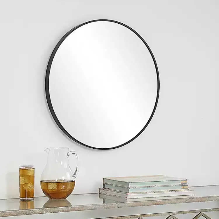 Framed Mirrors-Kirklands Home Round Simple Frame Medium Wall Mirror Black
