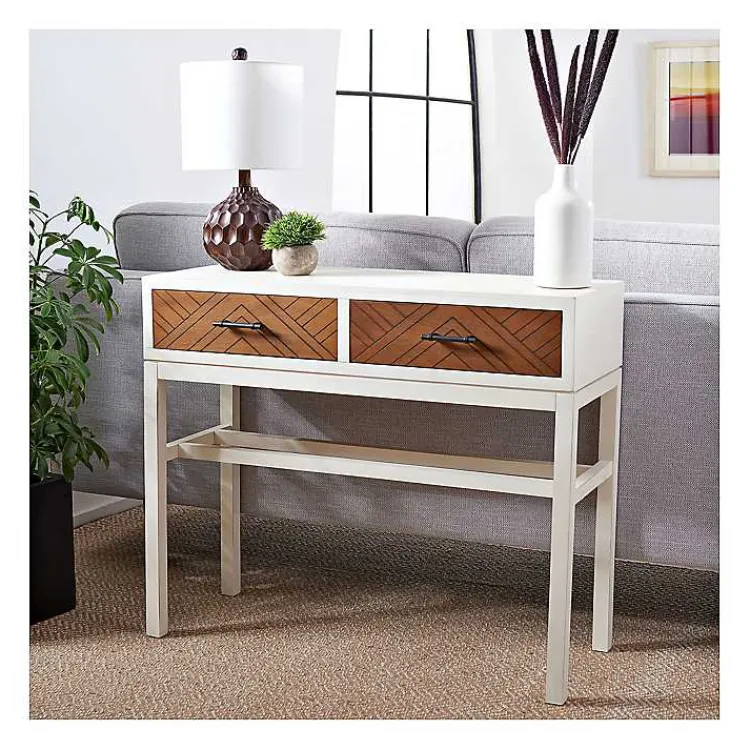 Console Tables-Kirklands Home White and Brown Herringbone Console Table