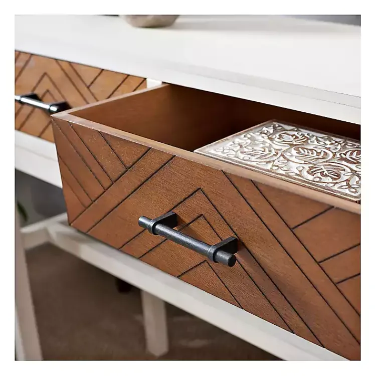 Console Tables-Kirklands Home White and Brown Herringbone Console Table
