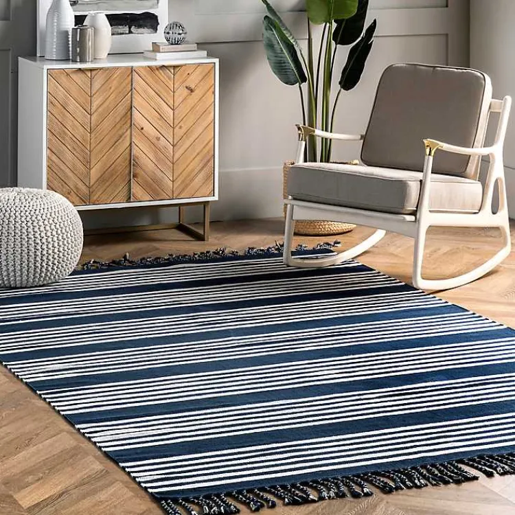 Area Rugs-Kirklands Home Navy Blue Striped Tassel Cotton Area Rug, 8x10
