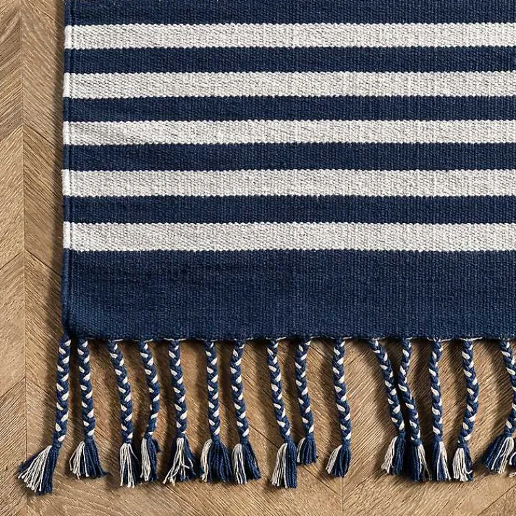 Area Rugs-Kirklands Home Navy Blue Striped Tassel Cotton Area Rug, 8x10