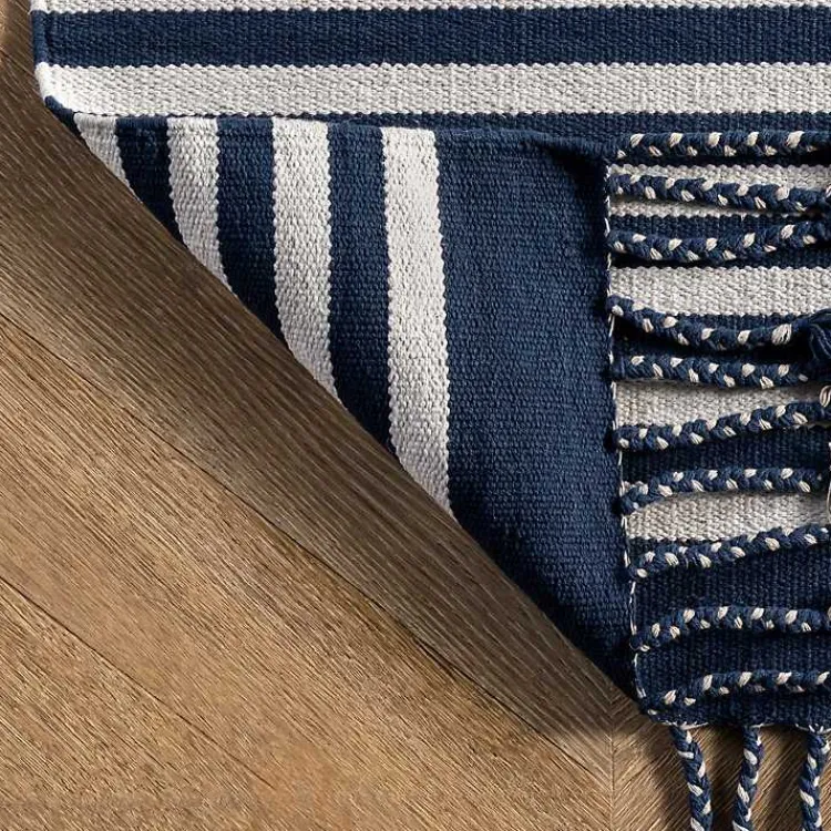 Area Rugs-Kirklands Home Navy Blue Striped Tassel Cotton Area Rug, 8x10
