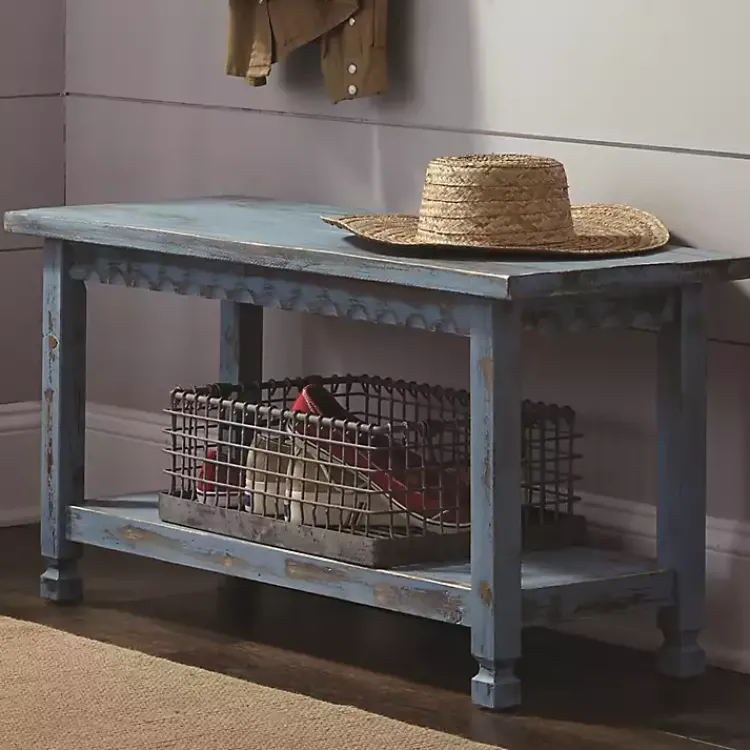 Benches & Ottomans-Kirklands Home Distressed Wood Antique Bench Blue