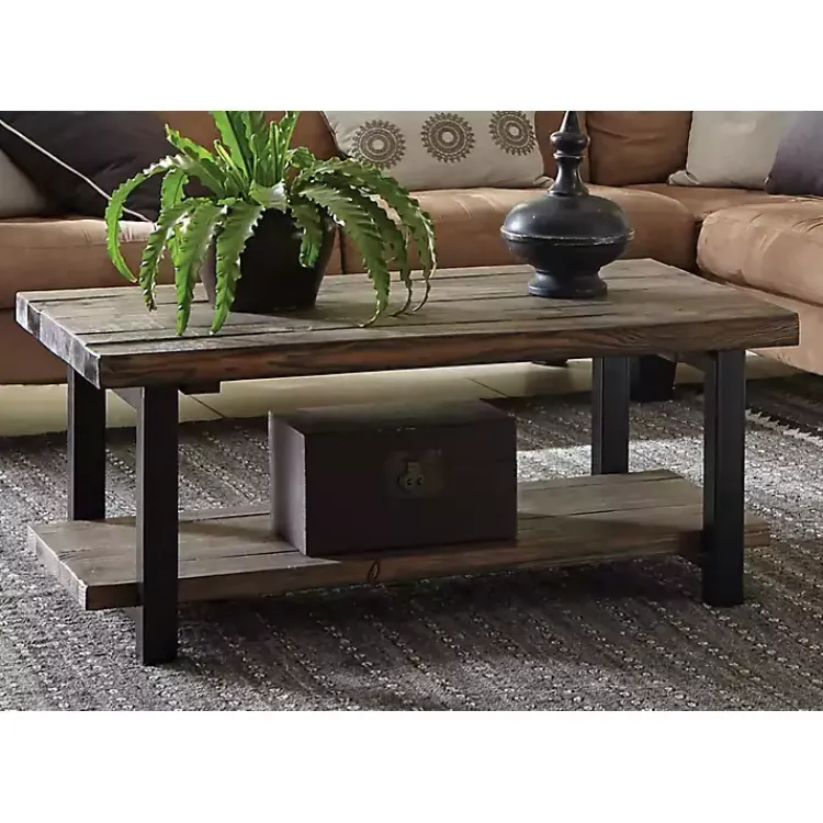 Coffee Tables-Kirklands Home Pine Wood and Metal Coffee Table Brown