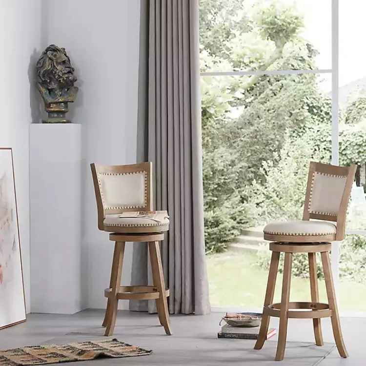 Bar Stools & Counter Height Stools-Kirklands Home Linen and Driftwood Nailhead Swivel Bar Stool Brown