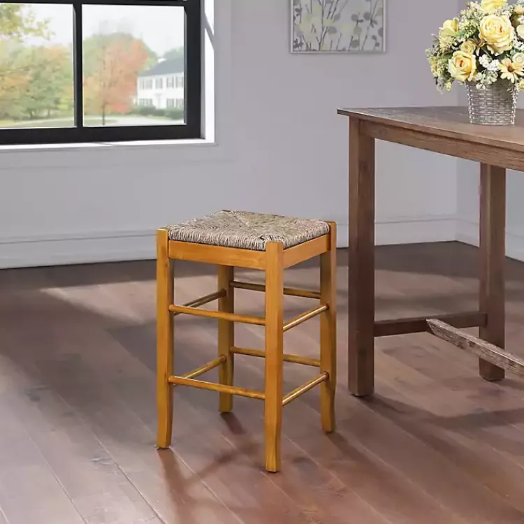 Bar Stools & Counter Height Stools-Kirklands Home Honey Wood and Woven Rush Counter Stool Tan