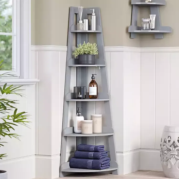 Bookshelves-Kirklands Home Gray 5-Tier Corner Ladder Bookshelf