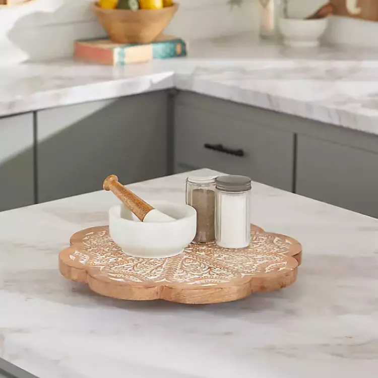 Serving & Entertaining-Kirklands Home Floral Wood Lazy Susan Cake Stand Brown