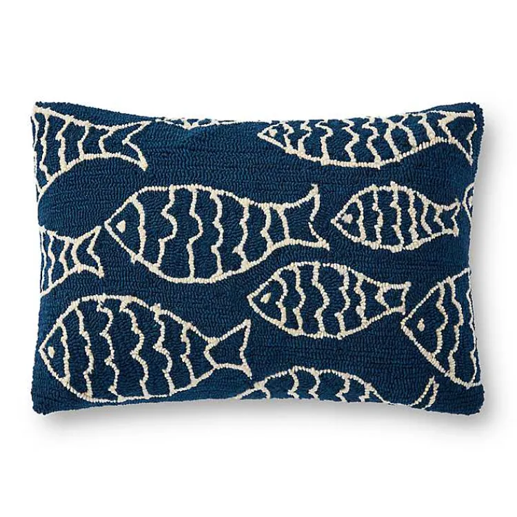 Outdoor Cushions & Pillows-Kirklands Home Navy Embroidered Fish Outdoor Lumbar Pillow