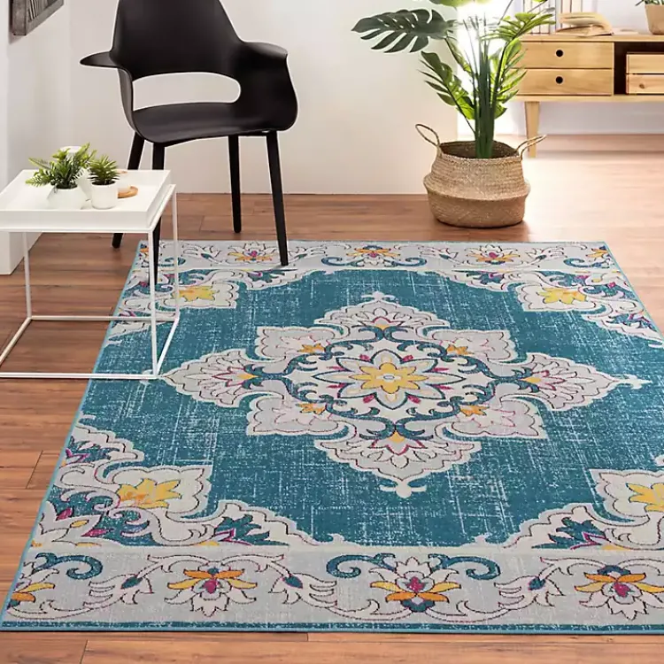 Outdoor Rugs-Kirklands Home Blue Floral Medallion Outdoor Area Rug, 7x9