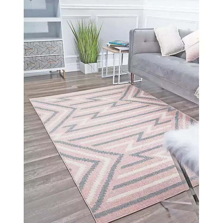 Area Rugs-Kirklands Home Pink and Gray Zigzag Area Rug, 8x10
