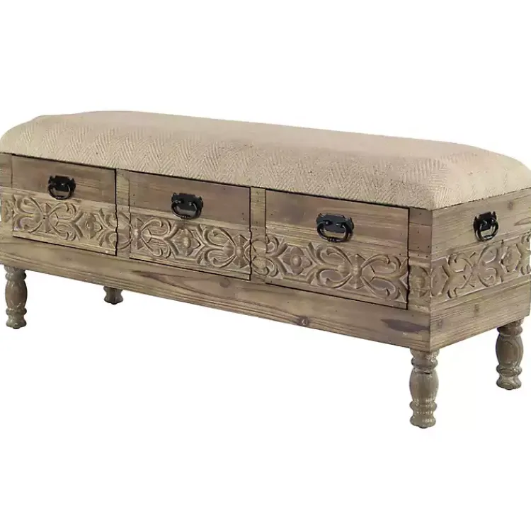Benches & Ottomans-Kirklands Home Beige Upholstered Acanthus Carved Wooden Bench Tan