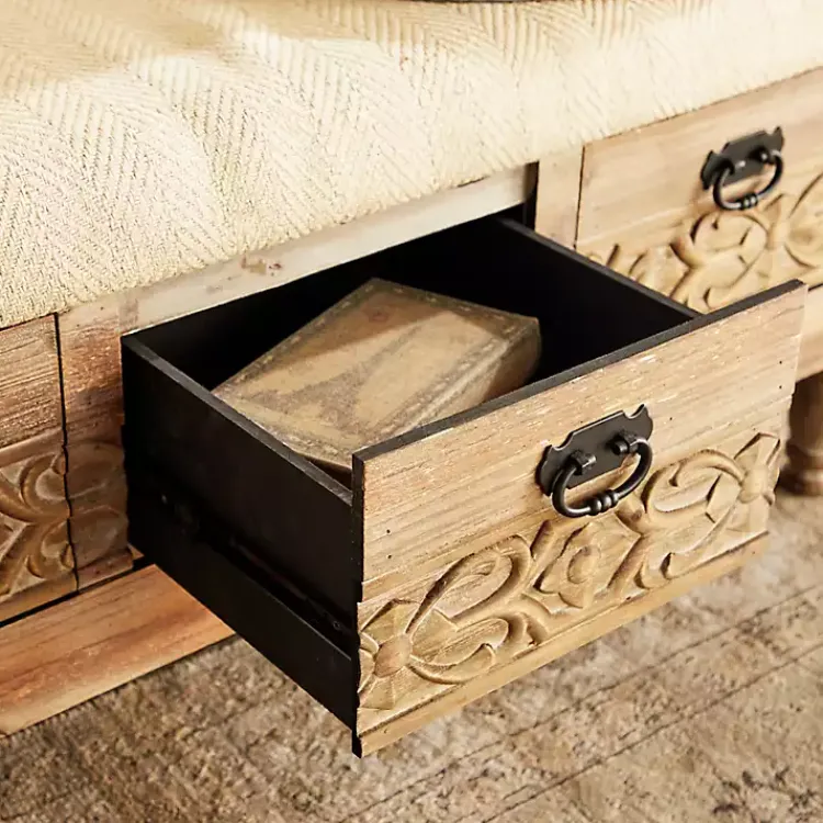 Benches & Ottomans-Kirklands Home Beige Upholstered Acanthus Carved Wooden Bench Tan