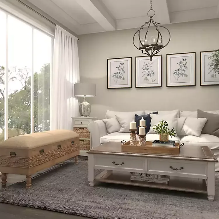 Benches & Ottomans-Kirklands Home Beige Upholstered Acanthus Carved Wooden Bench Tan