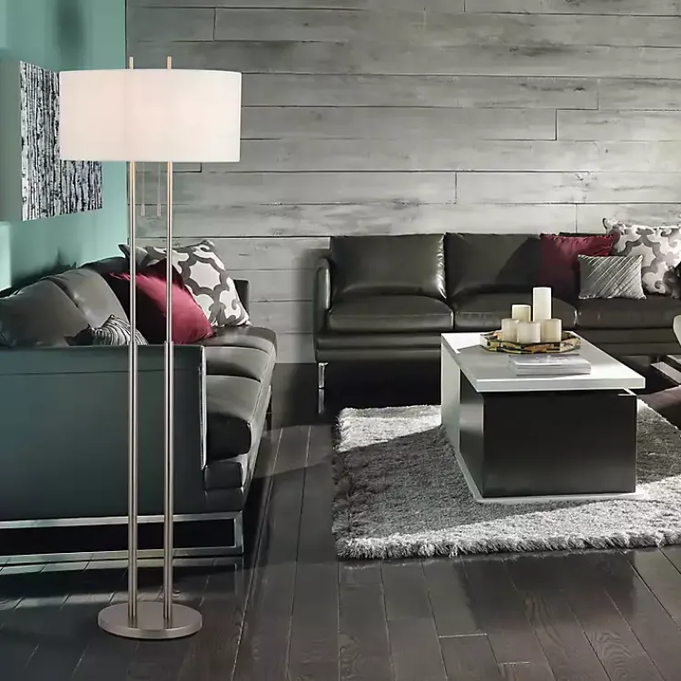 Floor Lamps-Kirklands Home Brushed Steel Double-Bulb Oval Floor Lamp Ivory