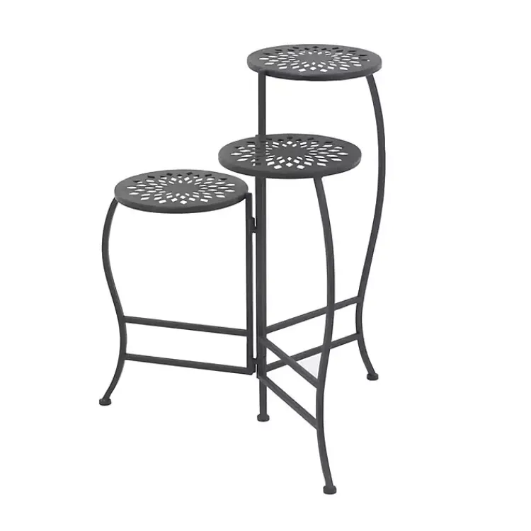 Planters-Kirklands Home Metal Medallion 3-Tier Folding Plant Stand Black