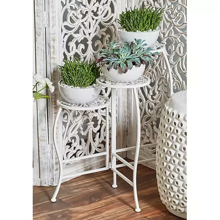 Planters-Kirklands Home Metal Floral 3-Tier Plant Stand White