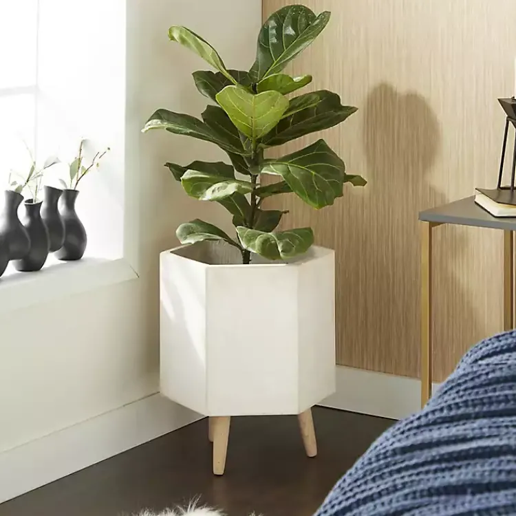 Planters-Kirklands Home Clay and Wood Hexagon Planters, Set of 2 White