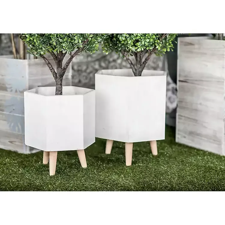 Planters-Kirklands Home Clay and Wood Hexagon Planters, Set of 2 White