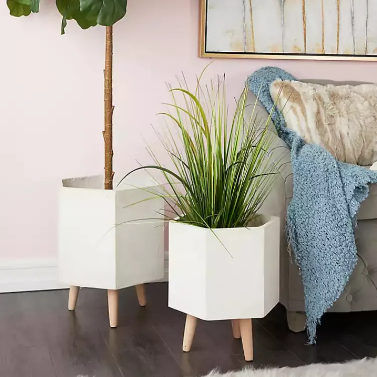 Planters-Kirklands Home Clay and Wood Hexagon Planters, Set of 2 White