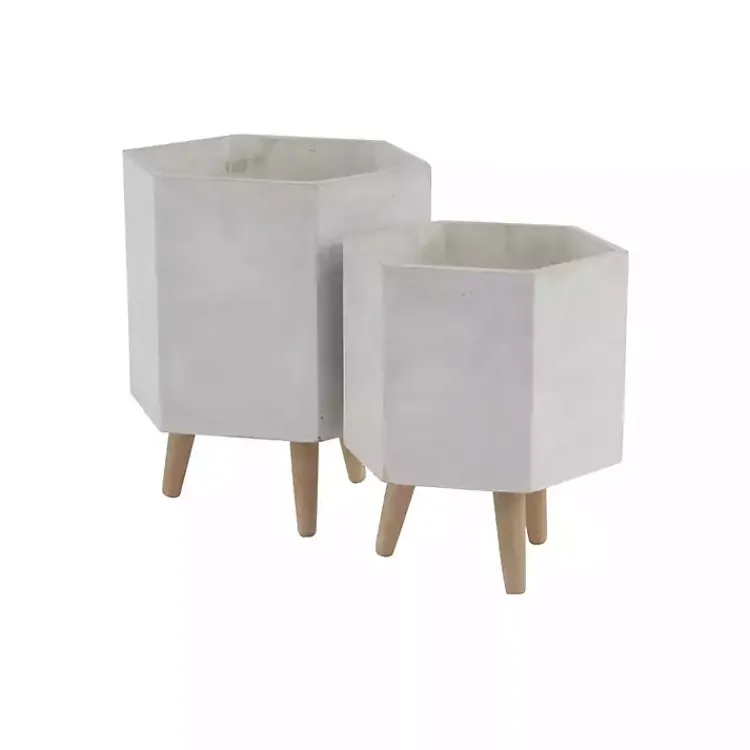 Planters-Kirklands Home Clay and Wood Hexagon Planters, Set of 2 White