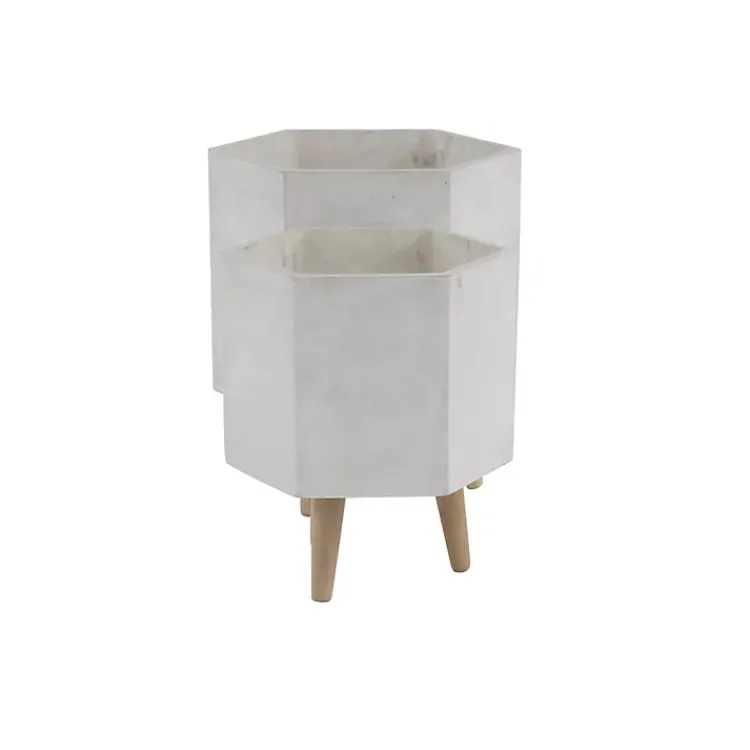 Planters-Kirklands Home Clay and Wood Hexagon Planters, Set of 2 White